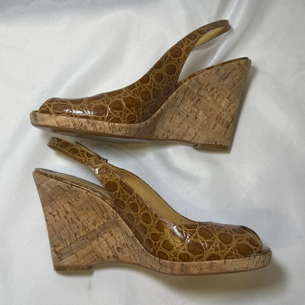 Via Spiga Brown Croc Embossed Leather Cork‎ Wedge Slingback Peep Toe Heels 9M